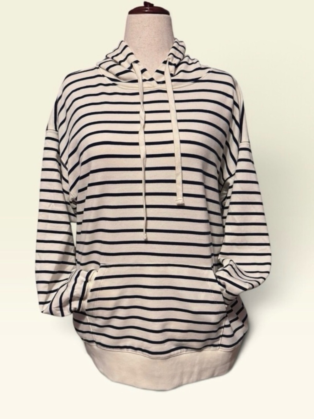 Women's High-End Striped Hooded Pullover Sweatshirt - Navy & Cream NWT